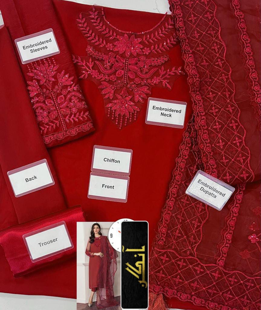 Luxury Chiffon Embroidered 3-Piece Suit – Elegant Party & Wedding Wear
