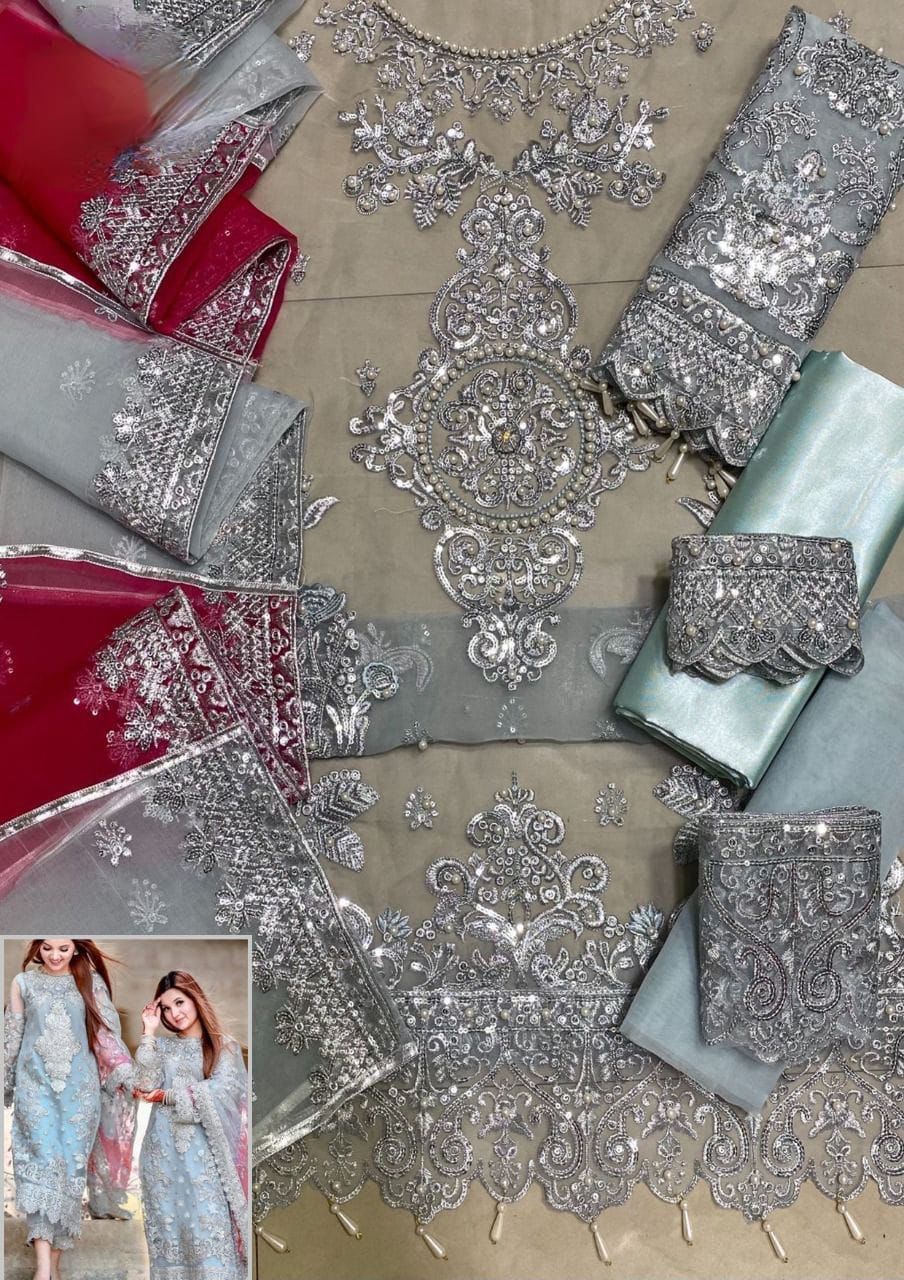 Premium Organza Embroidered & Stone Work Formal 3Pc Dress – Unstitched