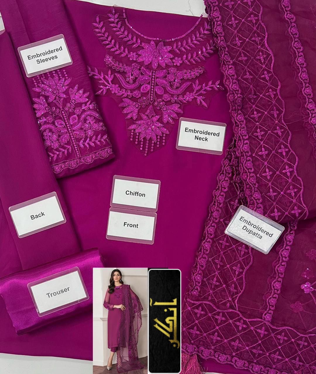 Luxury Chiffon Embroidered 3-Piece Suit – Elegant Party & Wedding Wear