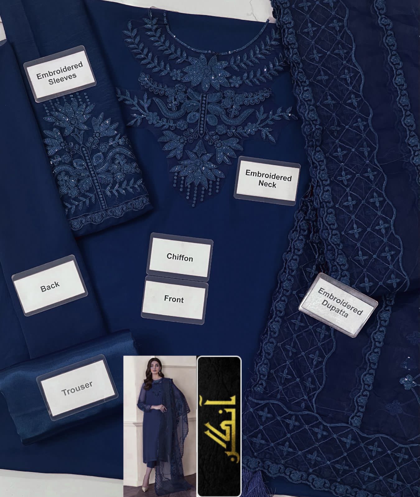 Luxury Chiffon Embroidered 3-Piece Suit – Elegant Party & Wedding Wear