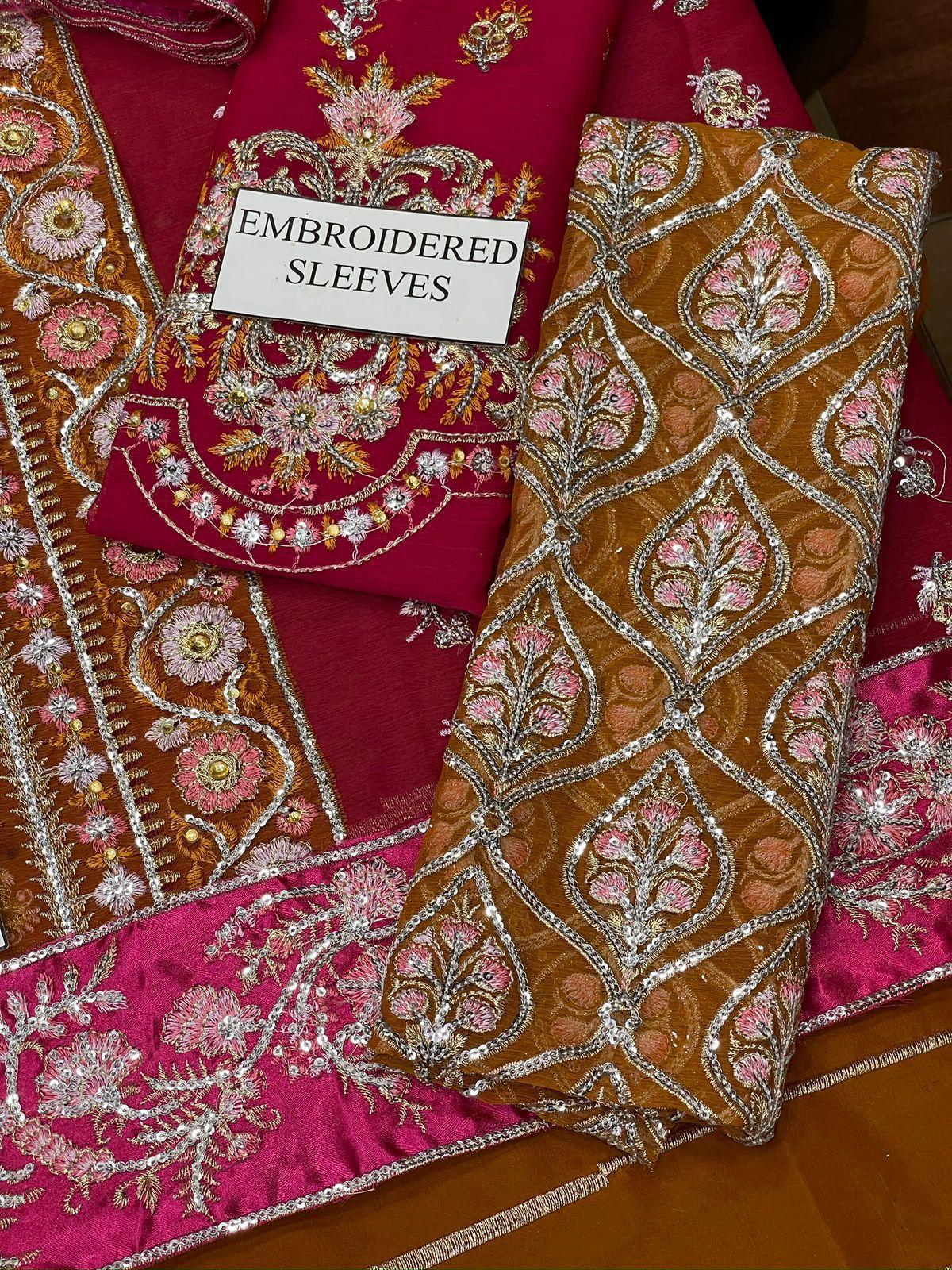 CRIMSON Chiffon Embroidered Hand-Embellished Luxury 3-Piece Unstitched Suit